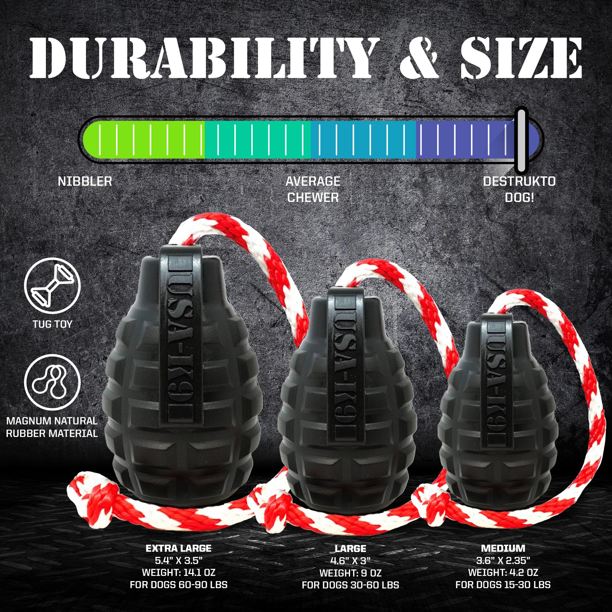 USA-K9 Magnum Grenade - Black Magnum Rubber Chew Toy for Extreme Chewers | USA Made