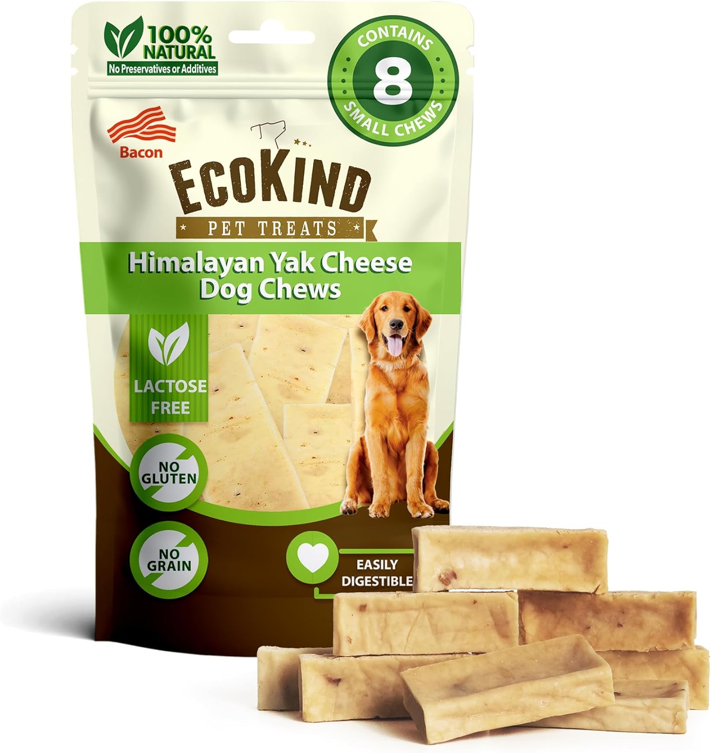 Bacon Flavor Gold Yak Chews for Large Dogs (1 lb to 5lb Bags)